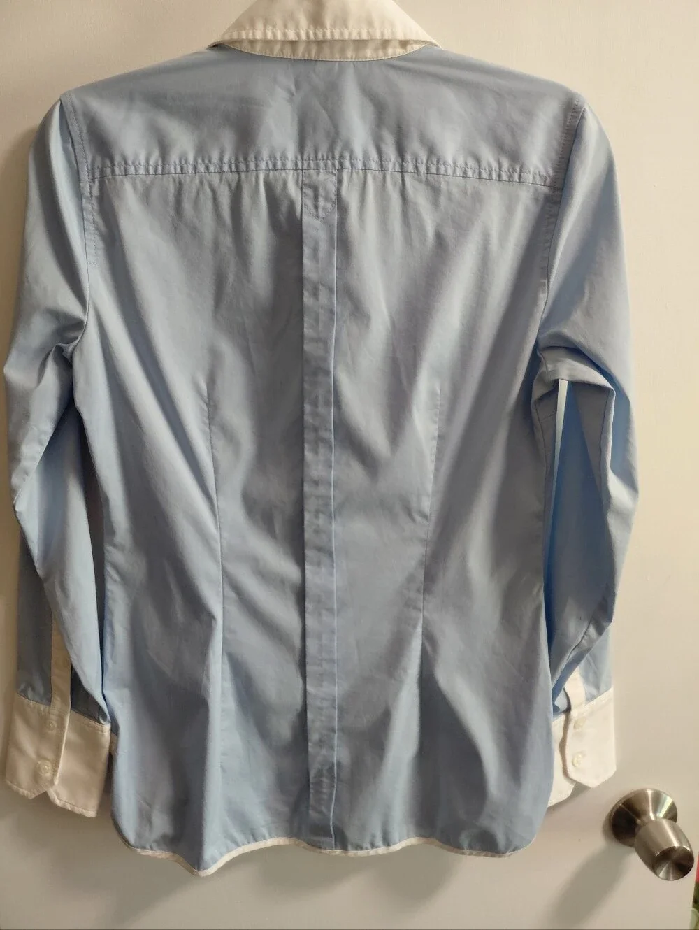Women's Express Design Studio White Blue Button Down Fitted Dress Shirt - Picture 6 of 9